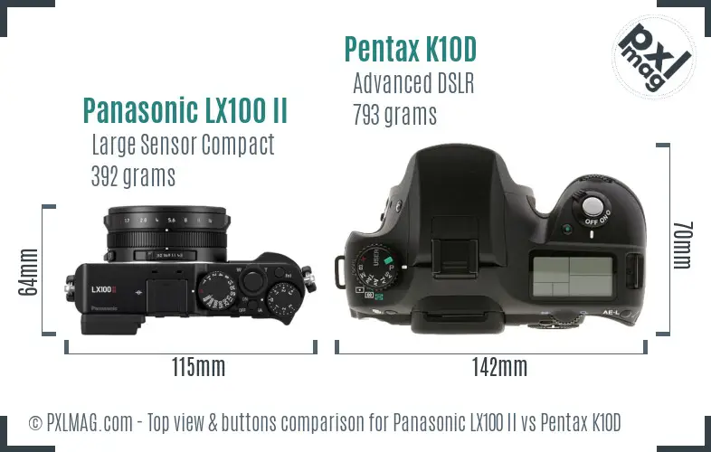 Panasonic LX100 II vs Pentax K10D top view buttons comparison