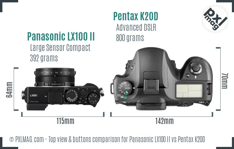 Panasonic LX100 II vs Pentax K20D top view buttons comparison