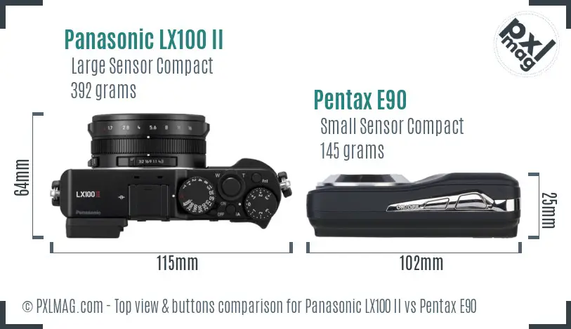 Panasonic LX100 II vs Pentax E90 top view buttons comparison