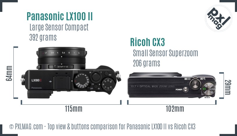 Panasonic LX100 II vs Ricoh CX3 top view buttons comparison