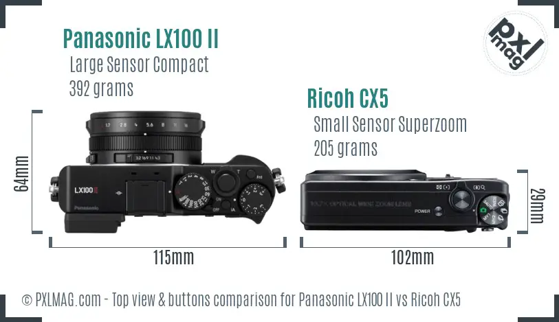 Panasonic LX100 II vs Ricoh CX5 top view buttons comparison Panasonic LX100 II vs Ricoh CX5 top view buttons comparison