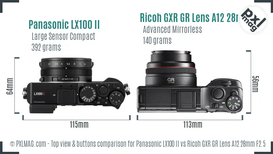 Panasonic LX100 II vs Ricoh GXR GR Lens A12 28mm F2.5 top view buttons comparison