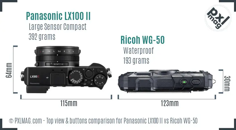 Panasonic LX100 II vs Ricoh WG-50 top view buttons comparison