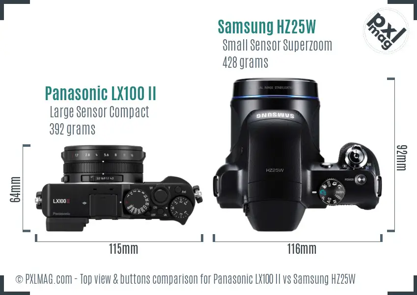 Panasonic LX100 II vs Samsung HZ25W top view buttons comparison