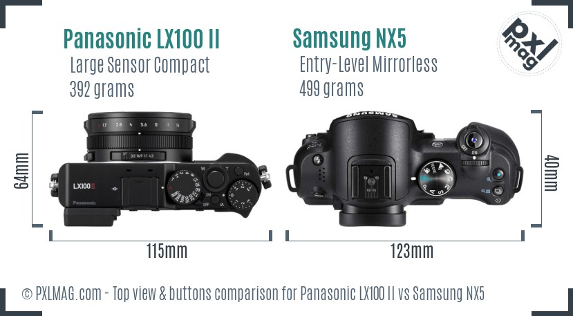 Panasonic LX100 II vs Samsung NX5 top view buttons comparison