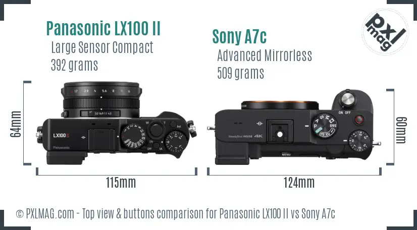 Panasonic LX100 II vs Sony A7c top view buttons comparison