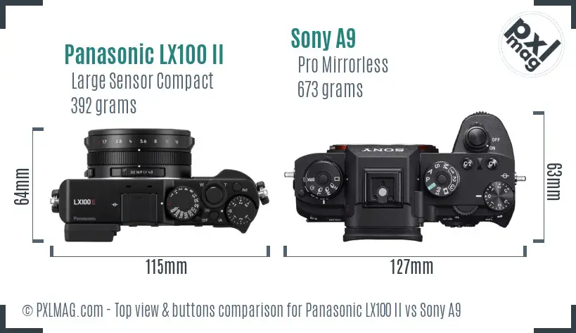 Panasonic LX100 II vs Sony A9 top view buttons comparison