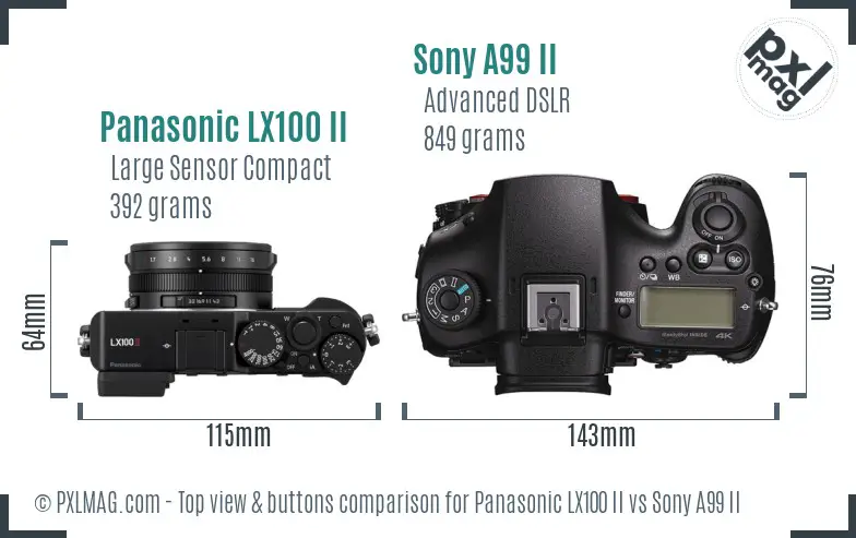 Panasonic LX100 II vs Sony A99 II top view buttons comparison
