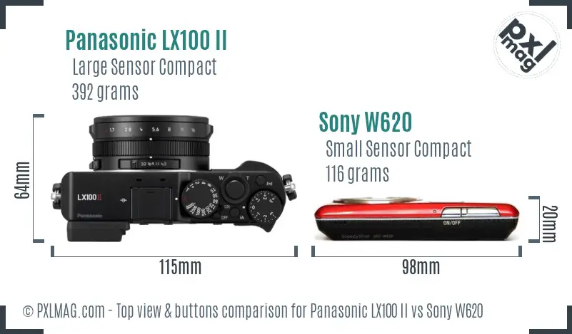 Panasonic LX100 II vs Sony W620 top view buttons comparison