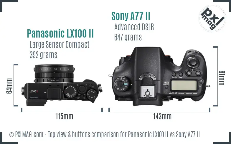 Panasonic LX100 II vs Sony A77 II top view buttons comparison