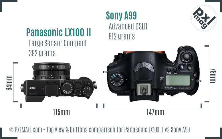 Panasonic LX100 II vs Sony A99 top view buttons comparison