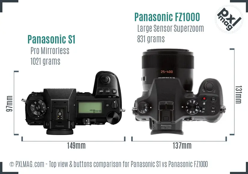 Panasonic S1 vs Panasonic FZ1000 top view buttons comparison Panasonic S1 vs Panasonic FZ1000 top view buttons comparison