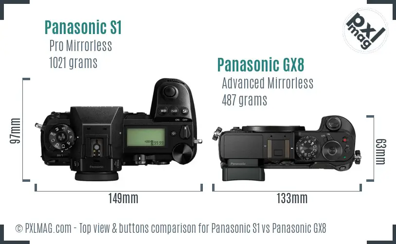 Panasonic S1 vs Panasonic GX8 top view buttons comparison Panasonic S1 vs Panasonic GX8 top view buttons comparison