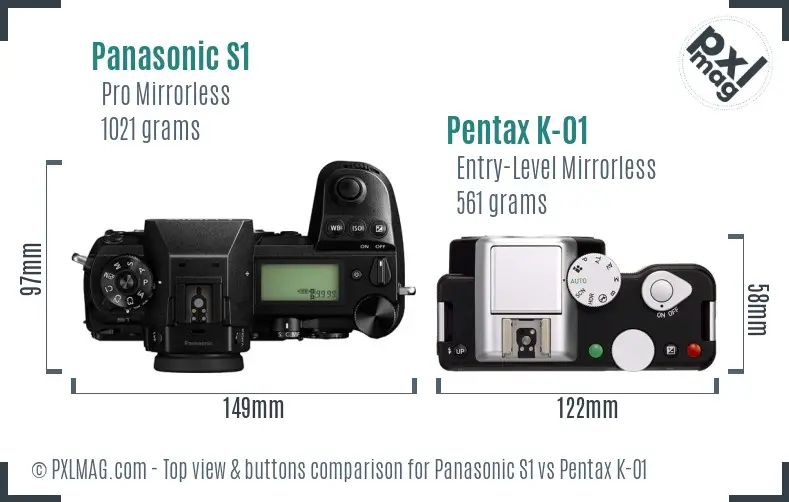 Panasonic S1 vs Pentax K-01 top view buttons comparison