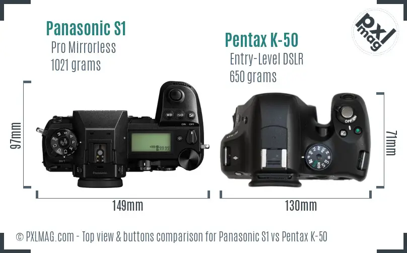 Panasonic S1 vs Pentax K-50 top view buttons comparison