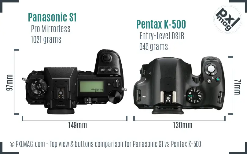 Panasonic S1 vs Pentax K-500 top view buttons comparison