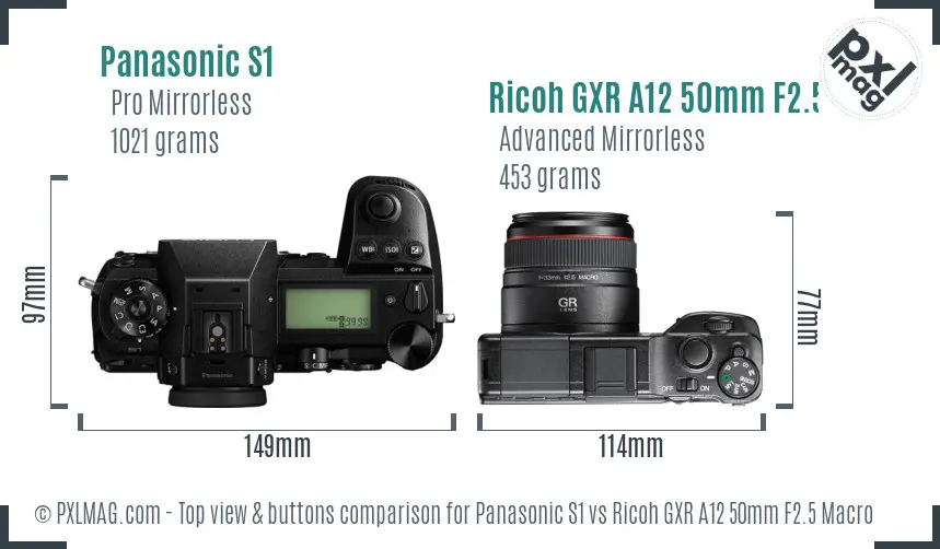Panasonic S1 vs Ricoh GXR A12 50mm F2.5 Macro top view buttons comparison Panasonic S1 vs Ricoh GXR A12 50mm F2.5 Macro top view buttons comparison