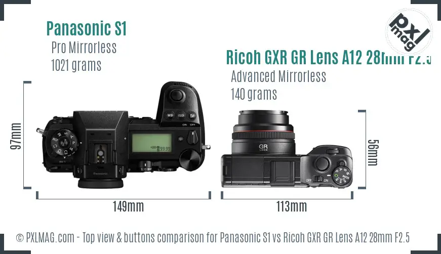 Panasonic S1 vs Ricoh GXR GR Lens A12 28mm F2.5 top view buttons comparison Panasonic S1 vs Ricoh GXR GR Lens A12 28mm F2.5 top view buttons comparison