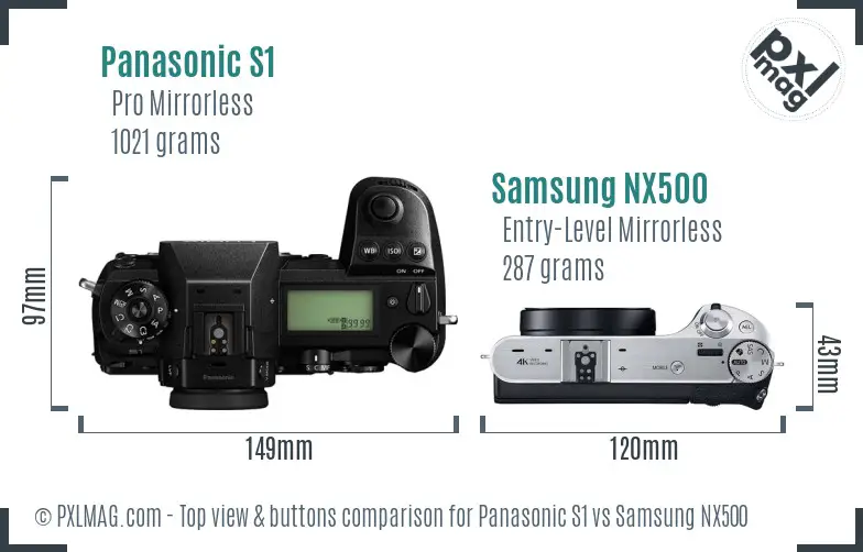 Panasonic S1 vs Samsung NX500 top view buttons comparison