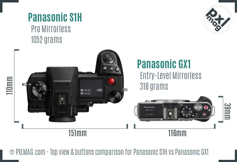 Panasonic S1H vs Panasonic GX1 top view buttons comparison Panasonic S1H vs Panasonic GX1 top view buttons comparison