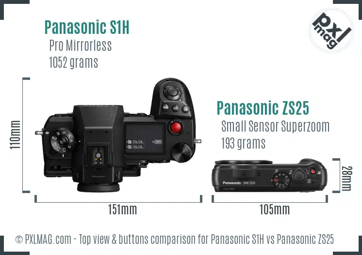 Panasonic S1H vs Panasonic ZS25 top view buttons comparison