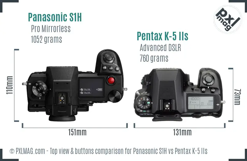 Panasonic S1H vs Pentax K-5 IIs top view buttons comparison