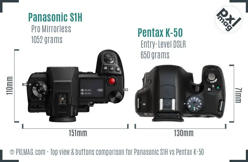 Panasonic S1H vs Pentax K-50 top view buttons comparison
