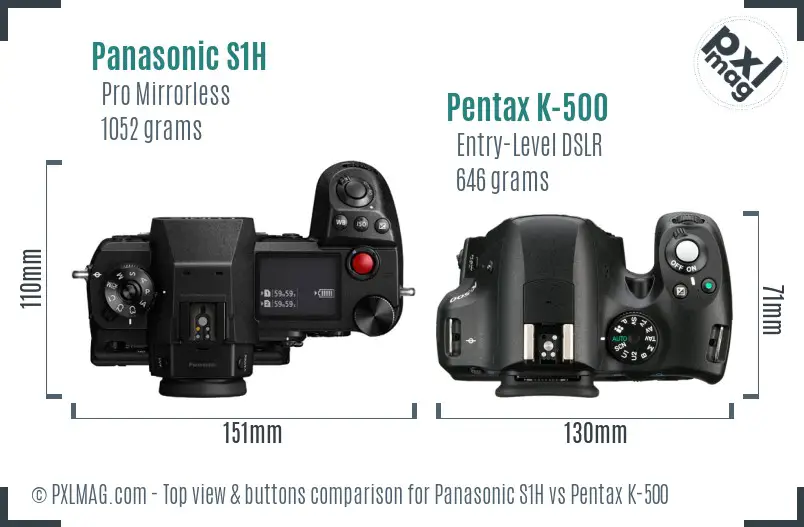 Panasonic S1H vs Pentax K-500 top view buttons comparison