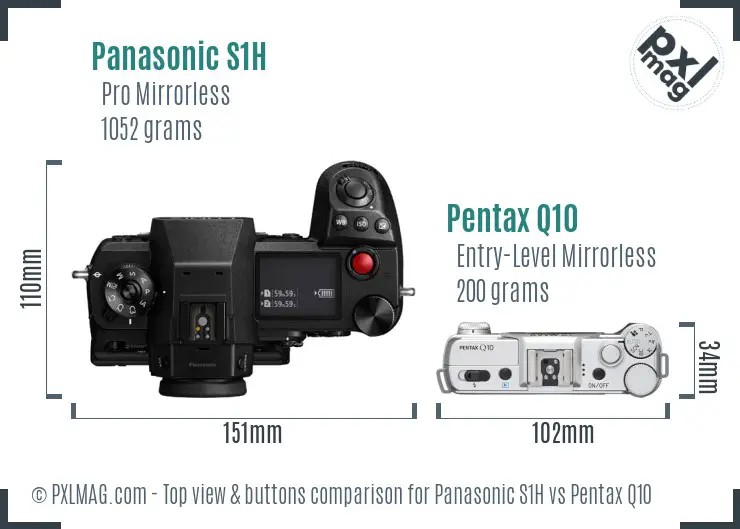 Panasonic S1H vs Pentax Q10 top view buttons comparison