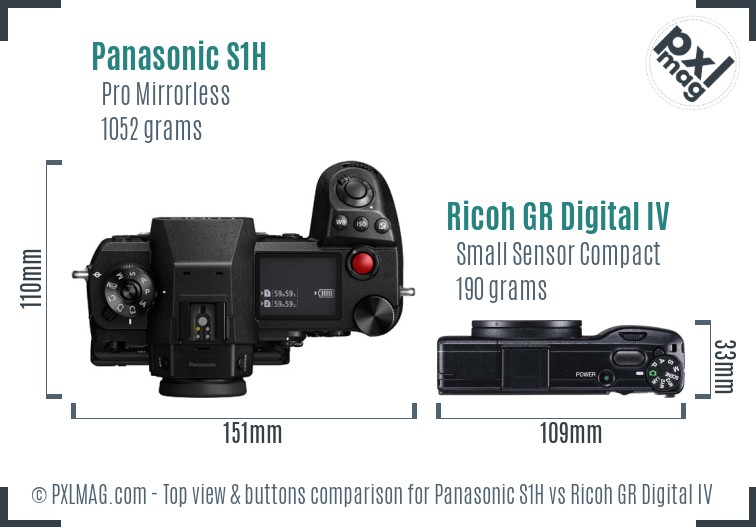 Panasonic S1H vs Ricoh GR Digital IV top view buttons comparison