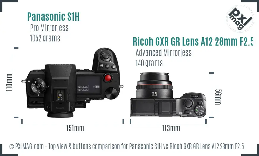 Panasonic S1H vs Ricoh GXR GR Lens A12 28mm F2.5 top view buttons comparison