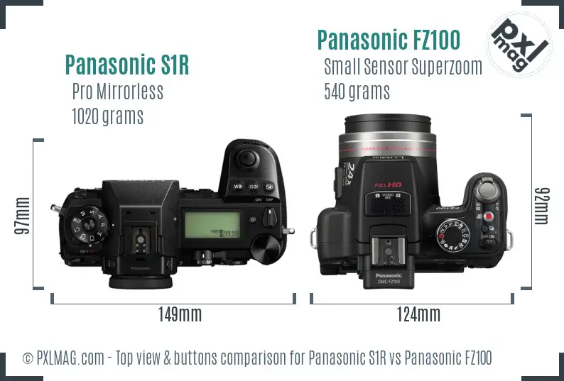 Panasonic S1R vs Panasonic FZ100 top view buttons comparison