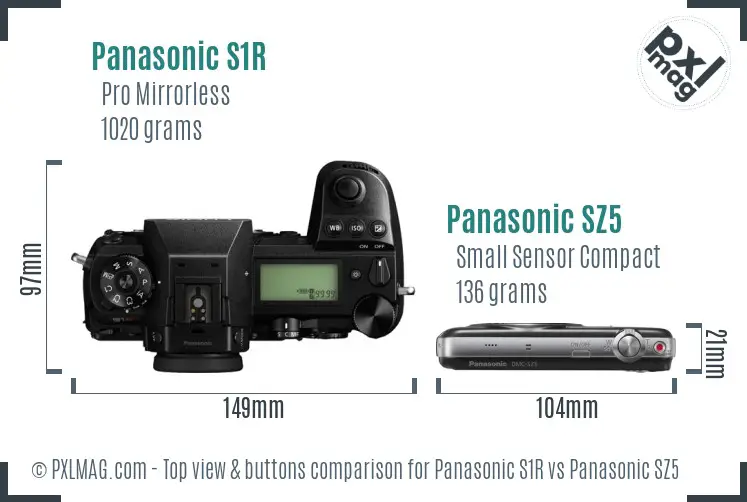 Panasonic S1R vs Panasonic SZ5 top view buttons comparison Panasonic S1R vs Panasonic SZ5 top view buttons comparison