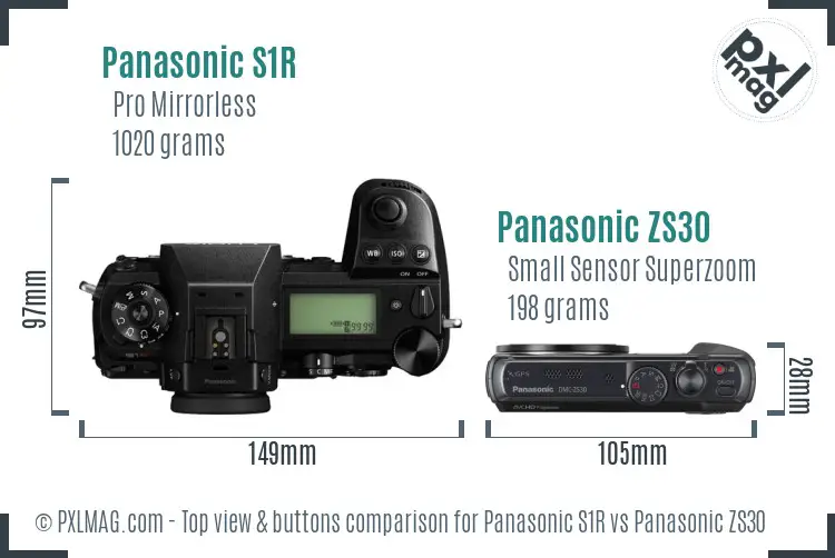 Panasonic S1R vs Panasonic ZS30 top view buttons comparison