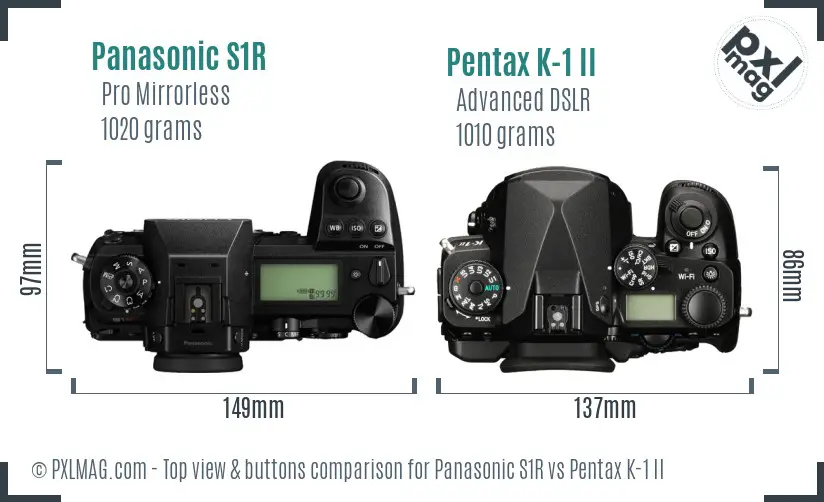 Panasonic S1R vs Pentax K-1 II top view buttons comparison