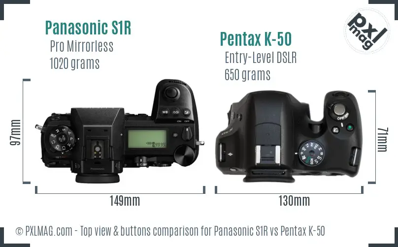 Panasonic S1R vs Pentax K-50 top view buttons comparison