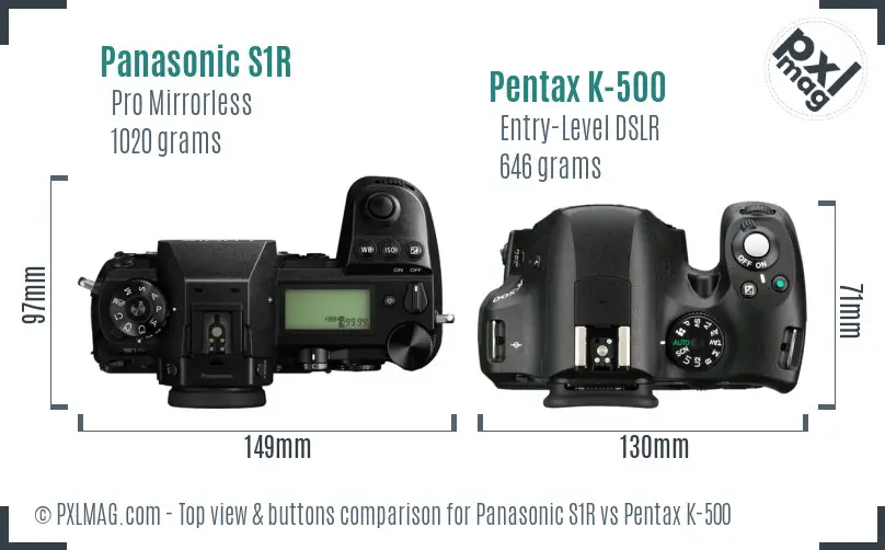 Panasonic S1R vs Pentax K-500 top view buttons comparison