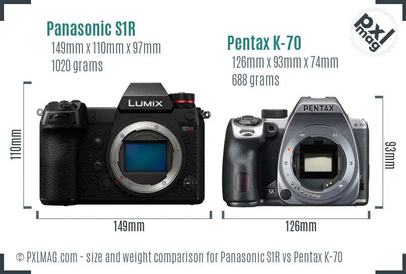 Panasonic S1R vs Pentax K-70 size comparison