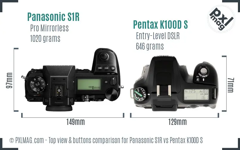 Panasonic S1R vs Pentax K100D S top view buttons comparison