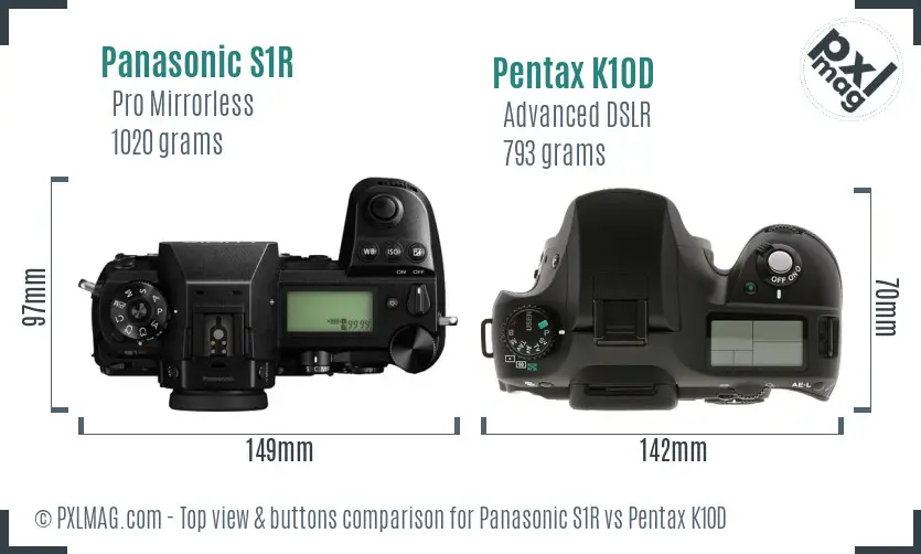 Panasonic S1R vs Pentax K10D top view buttons comparison