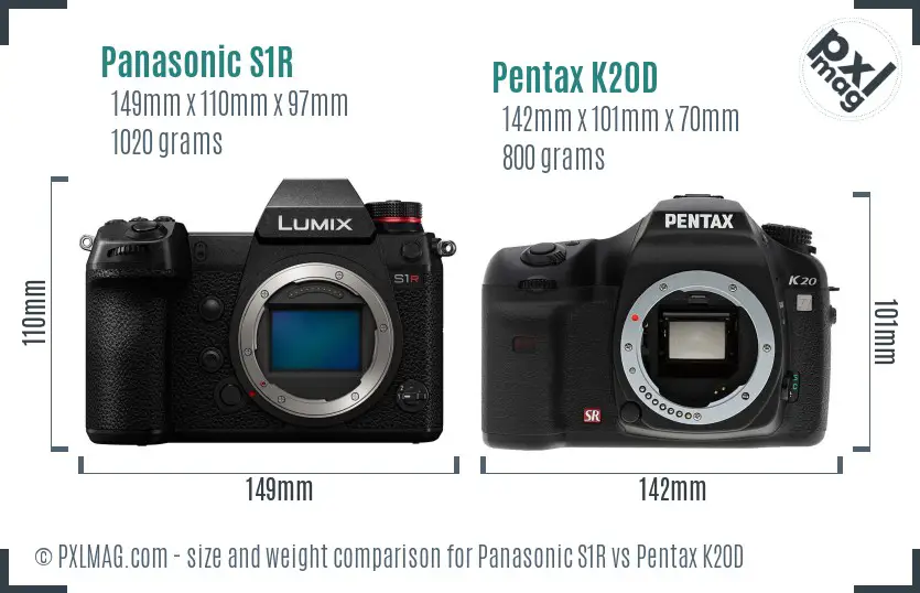 Panasonic S1R vs Pentax K20D size comparison