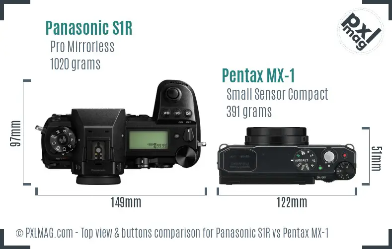 Panasonic S1R vs Pentax MX-1 top view buttons comparison