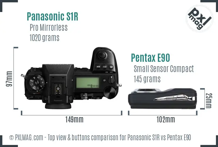 Panasonic S1R vs Pentax E90 top view buttons comparison