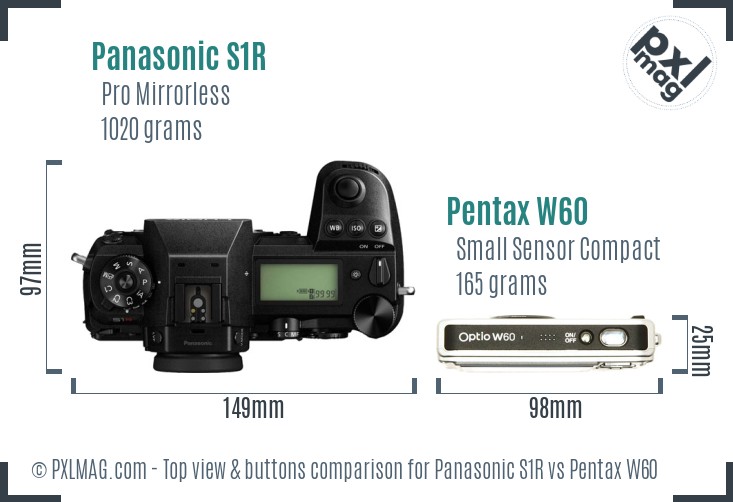 Panasonic S1R vs Pentax W60 top view buttons comparison