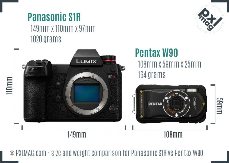 Panasonic S1R vs Pentax W90 size comparison