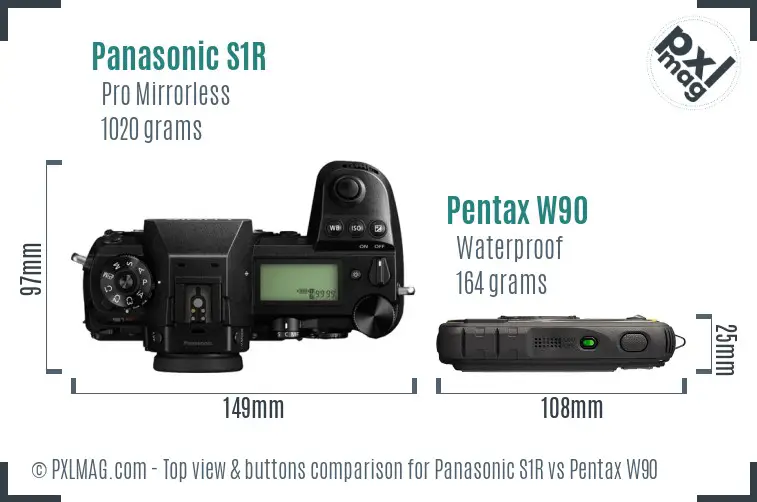 Panasonic S1R vs Pentax W90 top view buttons comparison