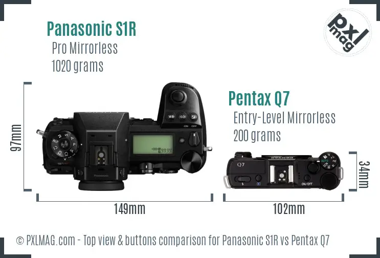 Panasonic S1R vs Pentax Q7 top view buttons comparison