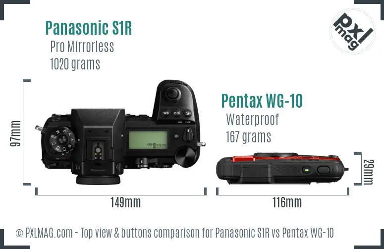 Panasonic S1R vs Pentax WG-10 top view buttons comparison