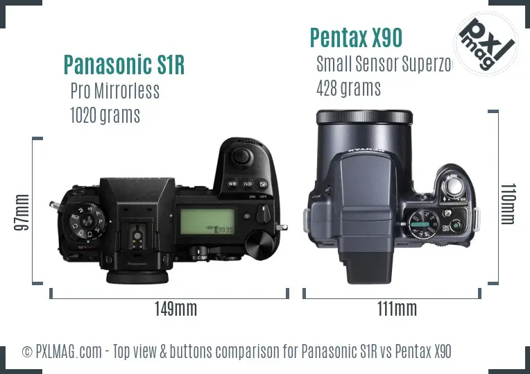 Panasonic S1R vs Pentax X90 top view buttons comparison Panasonic S1R vs Pentax X90 top view buttons comparison