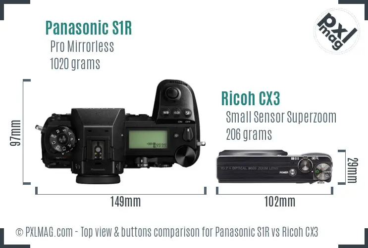 Panasonic S1R vs Ricoh CX3 top view buttons comparison